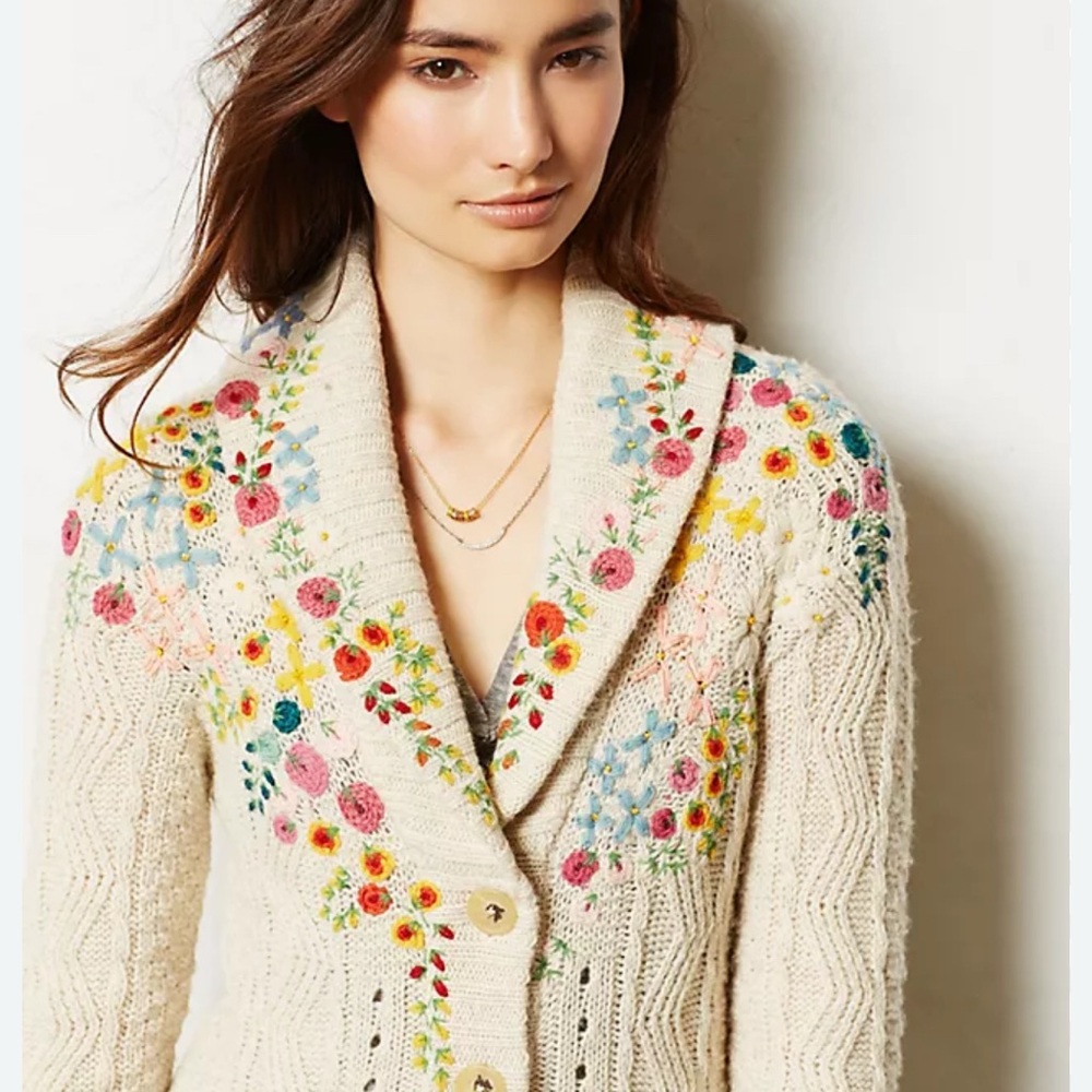 Anthropologie Far Away From Close Cream Cardigan with Floral Embroidery